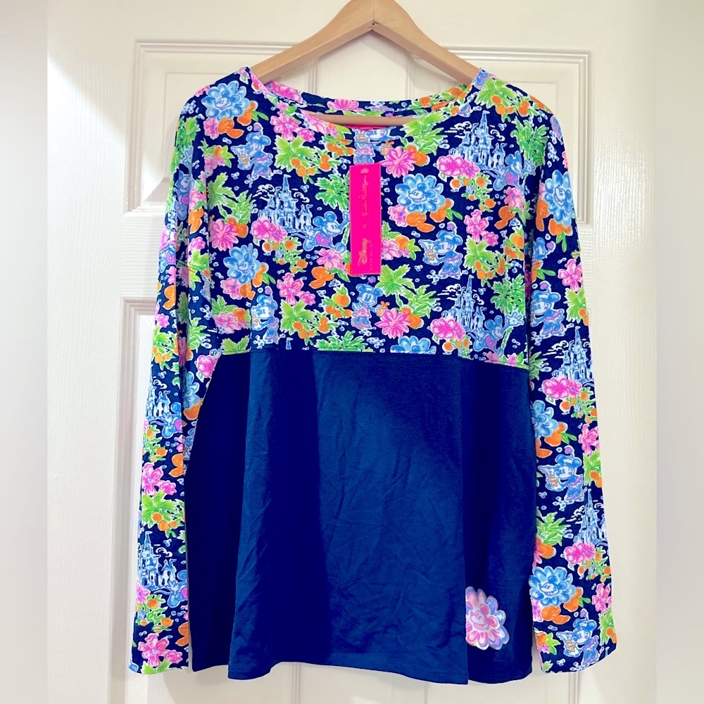 NWT Lilly Pulitzer X Disney Finn Top in Aegean Navy long sleeve Mickey & Minnie